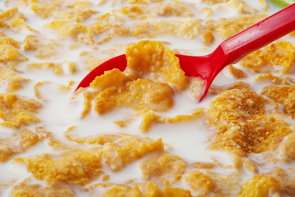 Cucchiaio rosso tuffo in Cereale con latte — Foto Stock
