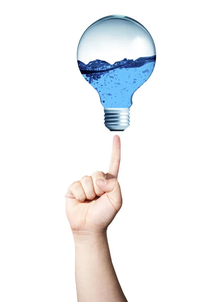 Hand pointing to light bulb with fresh blue water inside — Stock Photo, Image