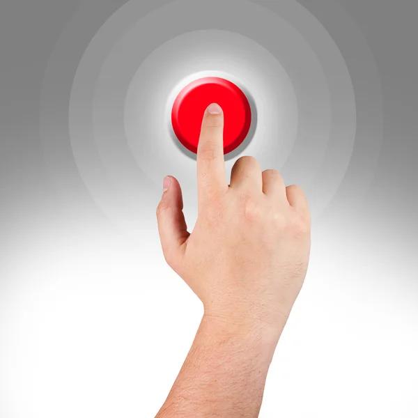 Hand pushing red button — Stock Photo, Image