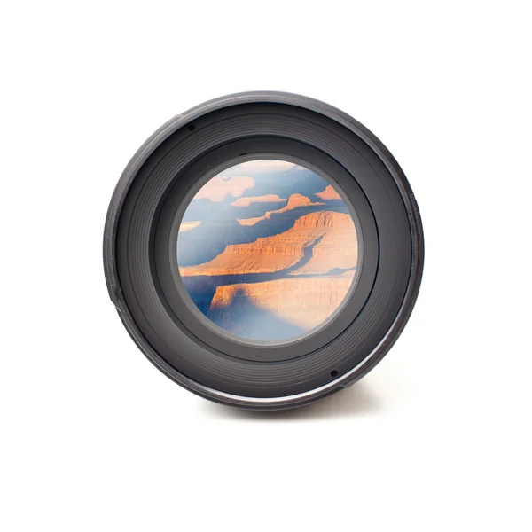 Front view of camera lens with grand canyon — Stock Photo, Image