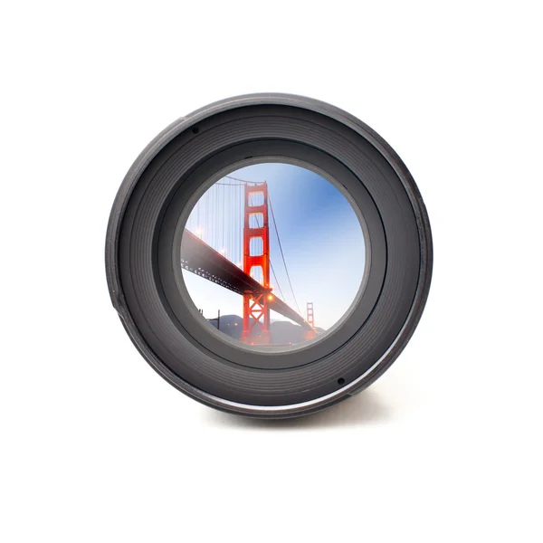 Front view of camera lens with Golden Gate bridge — Stock Photo, Image