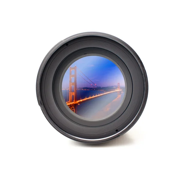 Forside visning af kameralinse med Golden Gate bro - Stock-foto