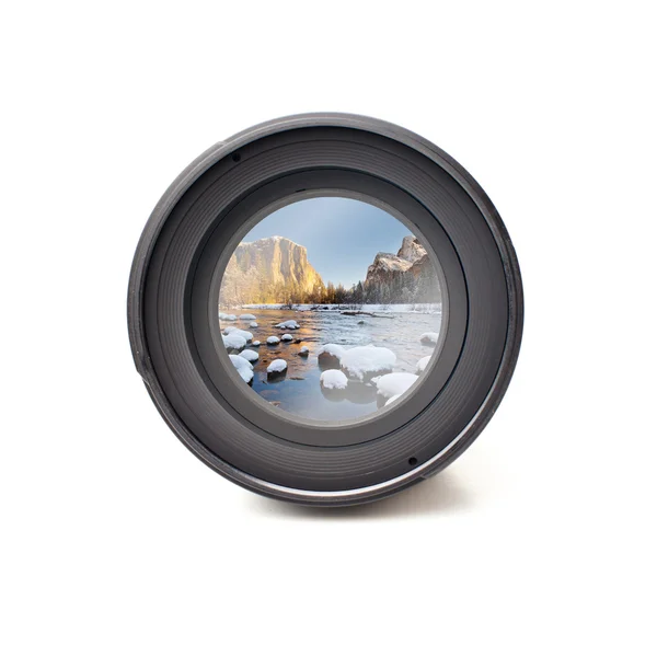 Front view of camera lens with Yosemite national park — Stock Photo, Image