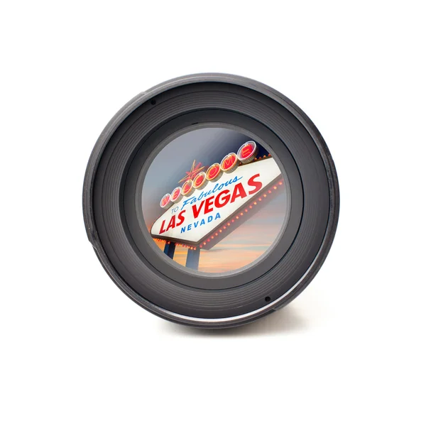 Vista frontal da lente da câmera com Las Vegas Sign — Fotografia de Stock
