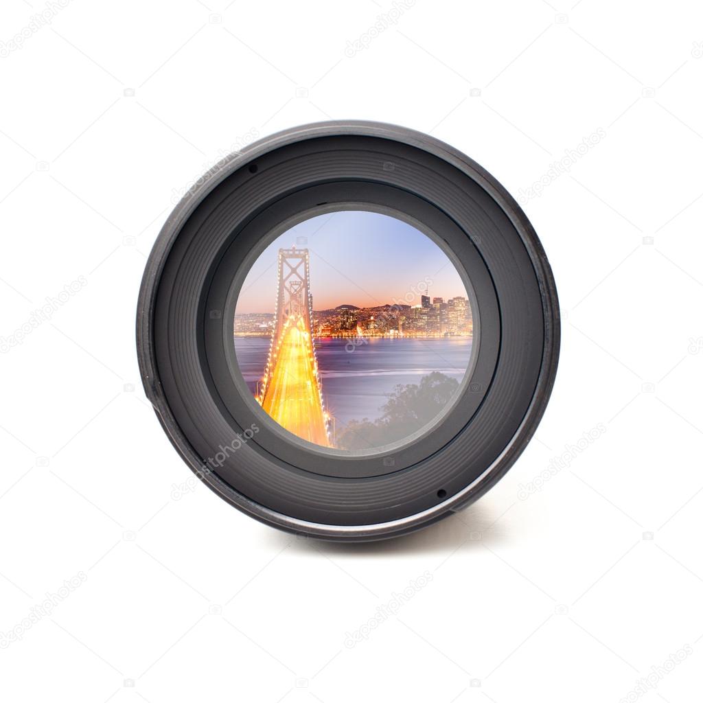 Front view of camera lens with bay bridge