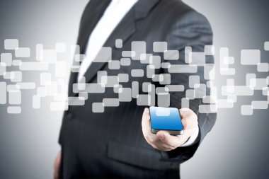 iş adamı elinde cep telefonu dokunmatik ekran 3D geliyor.