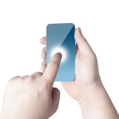 Ellerini tutarak ve cep telefonu dokunmatik ekran üzerinde nokta