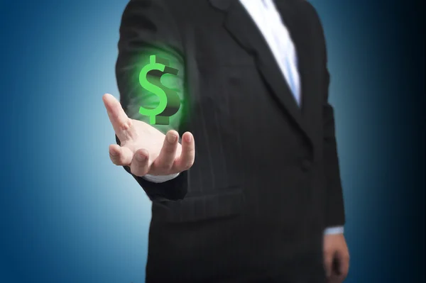 Green Dollar sign floating on the businessman's hand — Stock Photo, Image