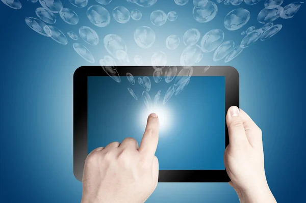 Hands holding and point on digital tablet — Stock Photo, Image