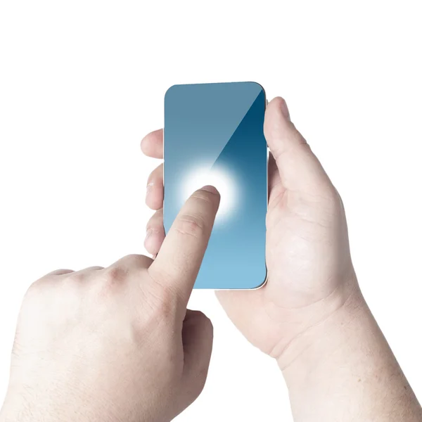 Hands holding and point on touch screen mobile phone — Stock Photo, Image