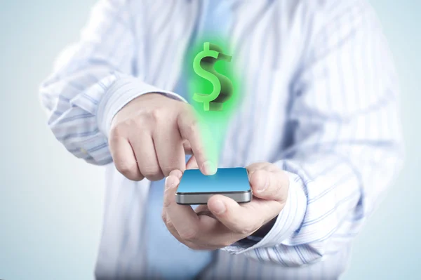 Dollar Sign Coming out of Touch screen mobile phone — Stock Photo, Image