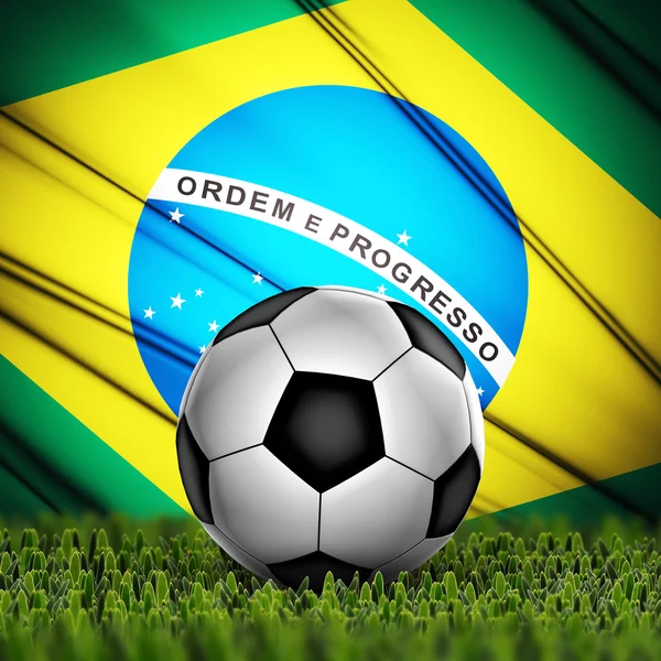 Футбольный мяч с флагом Бразилии на заднем плане — стоковое фото