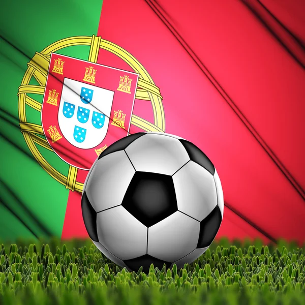 Футбольный мяч с флагом Португалии на заднем плане — стоковое фото