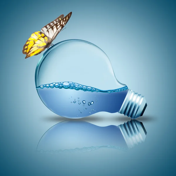 Light bulb with water inside and butterfly on the bulb — Stock Photo, Image