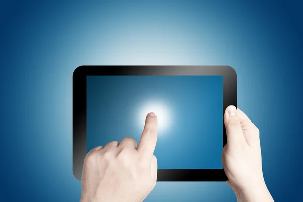 Hands holding and point on digital tablet — Stock Photo, Image