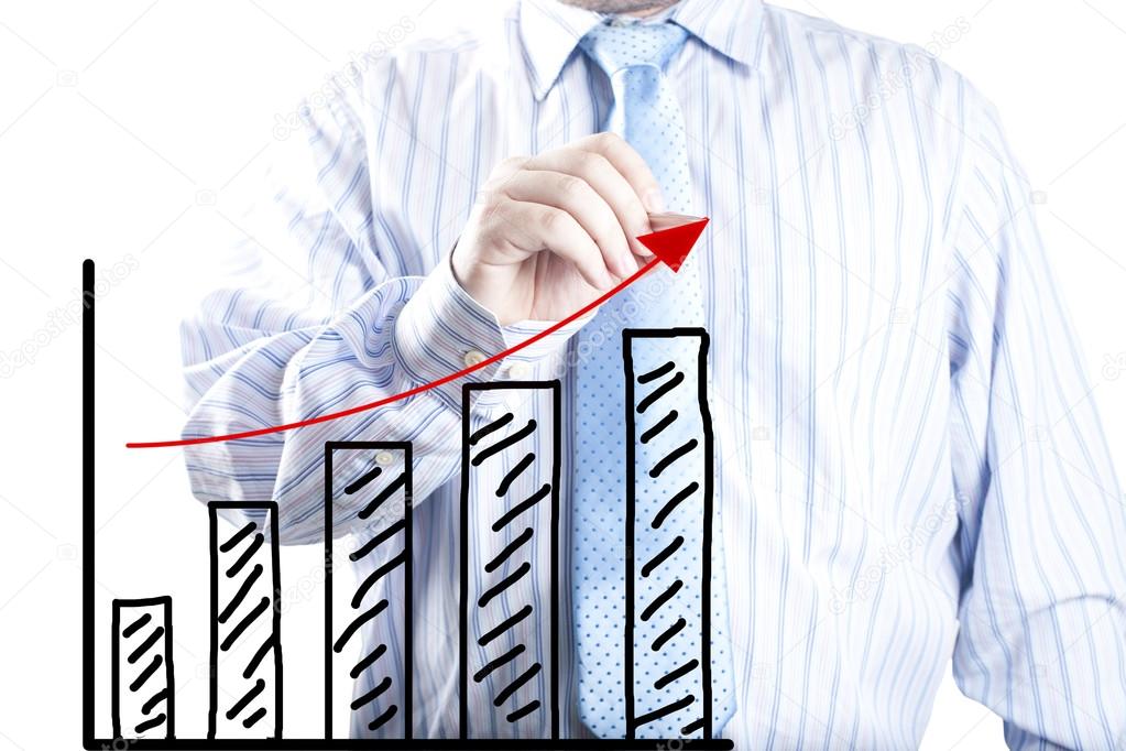 Businessman hand drawing the increase graph