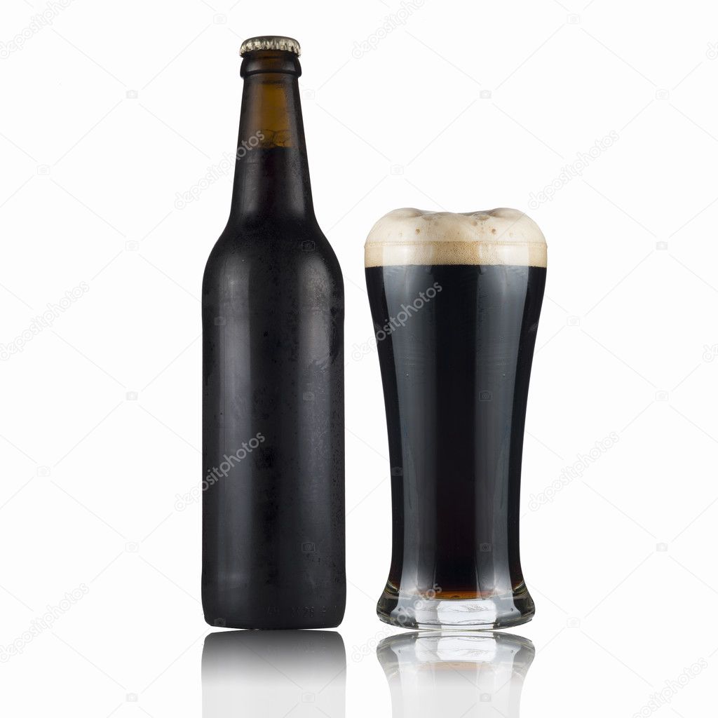 Dark beer bottle and glass.