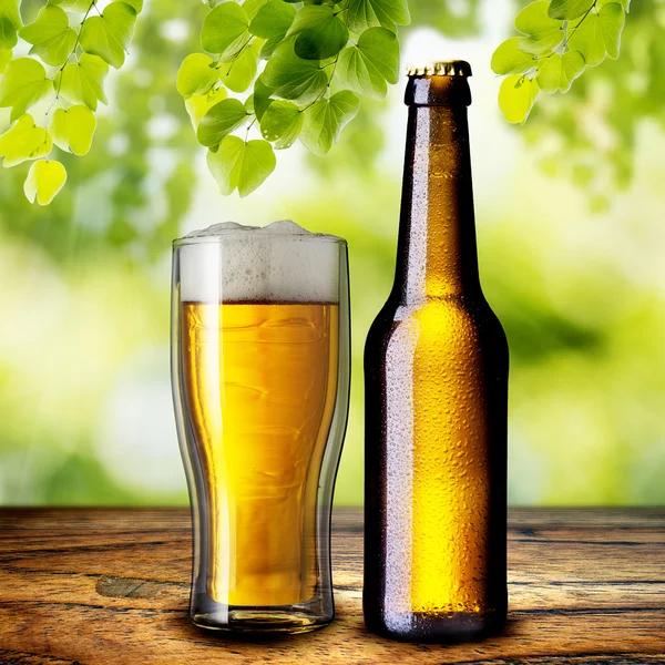 Bottle and glass of cold beer — Stock Photo, Image