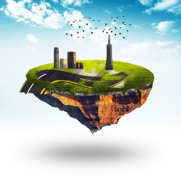 Планета со строительством, дорогами и птицами
