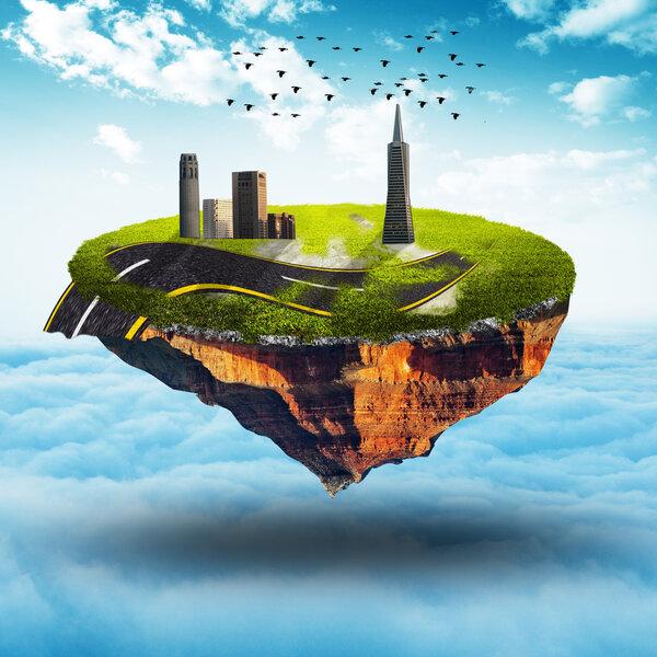 Планета со строительством, дорогами и птицами
