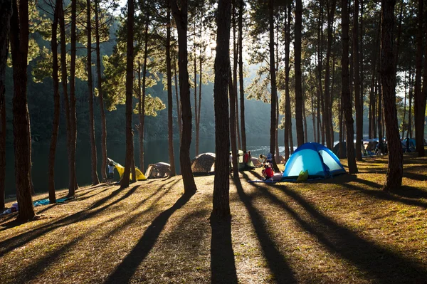 Illuminated blue Camping tent from sunlight — Stock Photo, Image