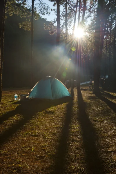 Illuminated blue Camping tent from sunlight — Stock Photo, Image