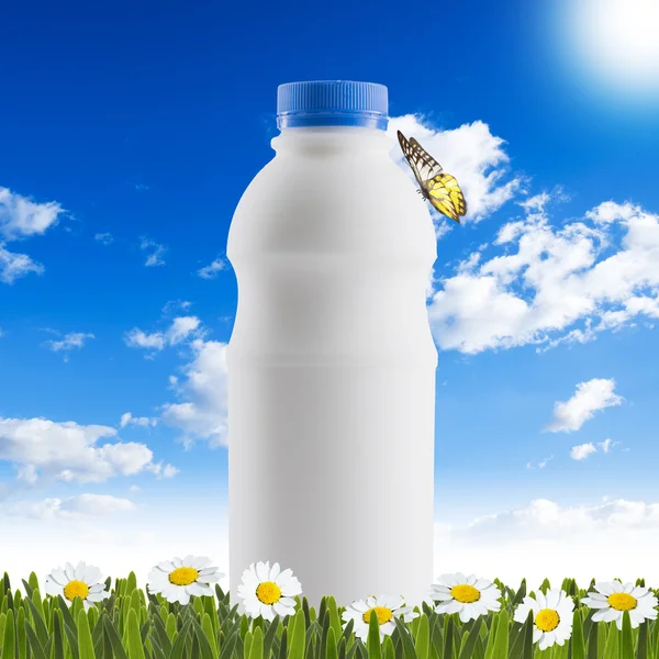Garrafa de leite na grama verde — Fotografia de Stock