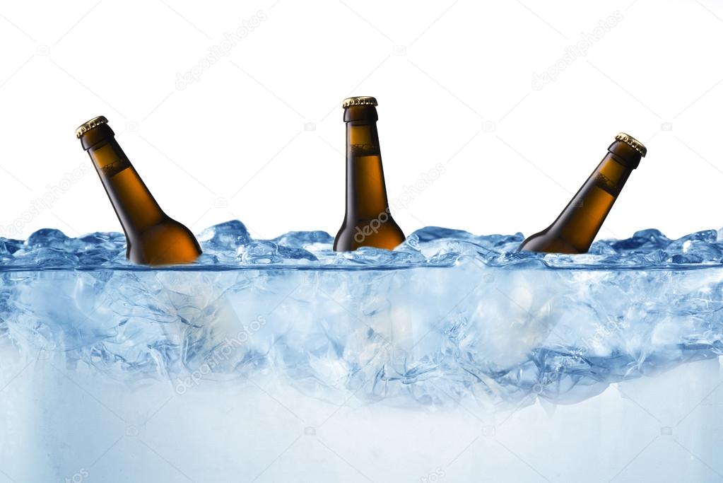 Beer bottles in ice cubes