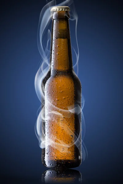 Bottiglia di birra con fumo freddo — Foto Stock