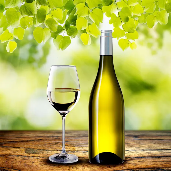 Garrafa de vinho branco e vidro na mesa — Fotografia de Stock