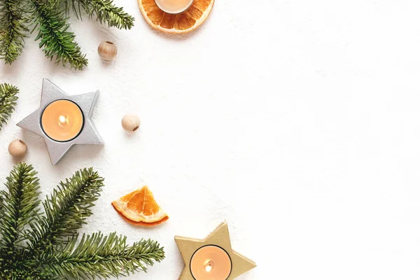 New Year Layout Christmas Tree Branches Candles Orange Slices Copy Stockbild