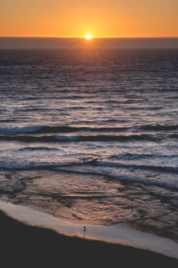 Pasifik Okyanusu 'nun muhteşem manzarası ve ufukta güzel bir gün batımı, merkezinde güneş ışınları ve kumsalda kuşların siluetleri.