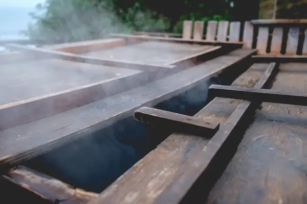 Rustikaler Holz Whirlpool Mit Heißem Wasser Der Natur Einem Bewölkten — Stockfoto