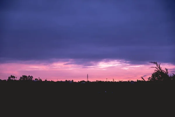 Increíble Puesta Sol Púrpura Rosa Azul Sobre Silueta Del Campo —  Fotos de Stock