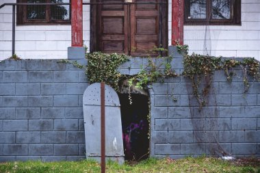 Eski yüzyılların bodrumunun girişi ahşap ve taş ev ve yeşil çimenler ön tarafta, Valdivia, Şili