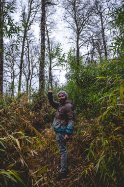 Yağmurlu bir günde ormanda yünlü şapkası ve ceketi (yeşil bitkiler, ağaçlar, çalılar, çiçekler vs.) olan yakışıklı, sakallı ve mutlu genç adam Valdivia, Şili