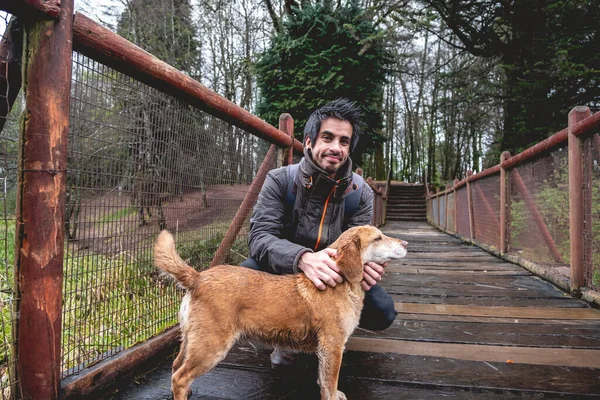 Happy, young, caucasian and handsome guy with jacket and backpack petting a beautiful white and brown dog in a wooden bridge in the forest in a rainy day, Valdivia, Chile