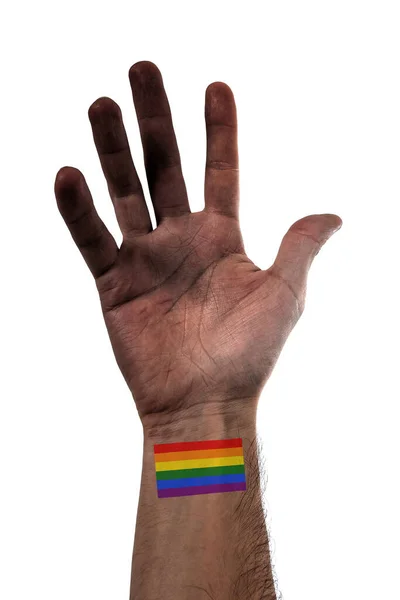 Мбаппе Стилизованная Открытая Рука Афроамериканца Большой Татуировкой Флага Лгбт Белом — стоковое фото