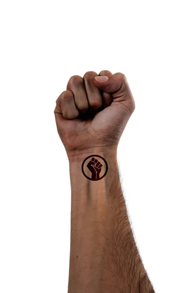 Красивая Стилизованная Рука Рука Африканского Американца Поднятым Кулаком Маленькой Татуировкой — стоковое фото