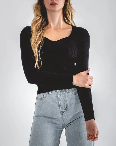 Beautiful Blonde Model Girl Face Black Sweater Light Gray Background — Stock Fotó