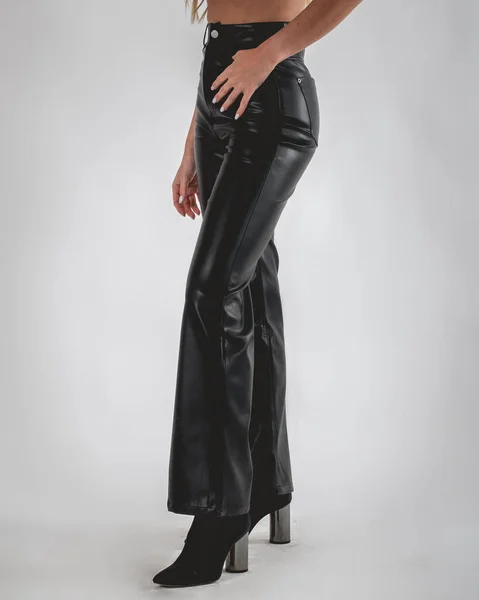 Sexy Girl Legs Feet Black Bright Leatherette Pants Black Heel — Stock Fotó