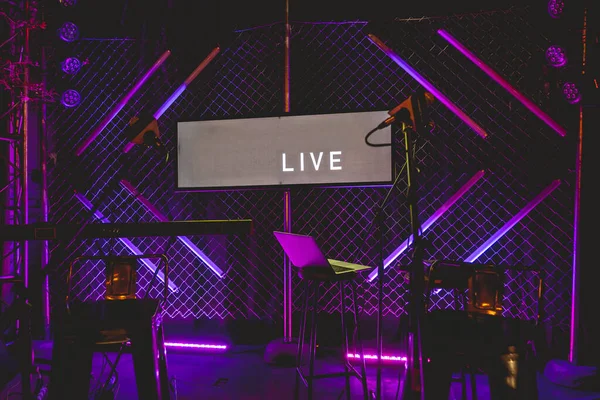 Concert Stage Instruments Led Screen Live Message Colorful Purple Neon — Foto de Stock