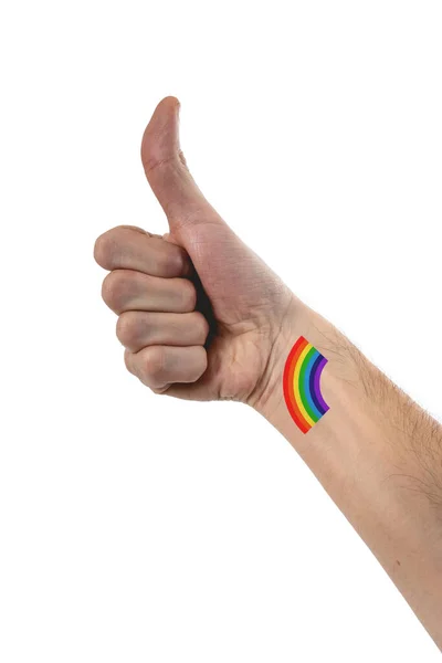 Beautiful Stylized Hand Caucasian Person Thumbing Big Tattoo Lgbtq Rainbow — стоковое фото