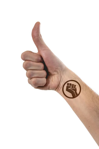 Beautiful Stylized Hand Caucasian Person Thumbing Big Tattoo Black Live — Foto de Stock