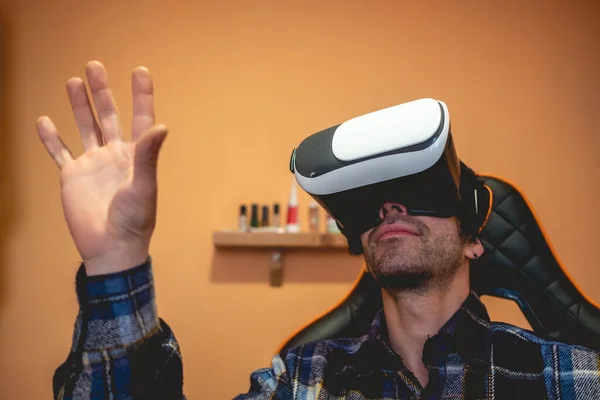 Handsome Happy Young Latino Man Plaid Shirt Playing Virtual Reality — Fotografia de Stock