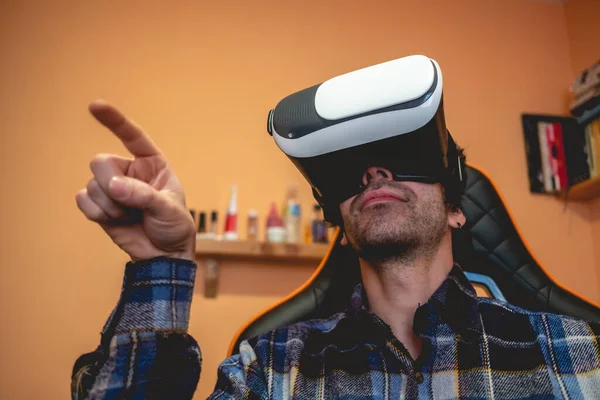 Handsome Happy Young Latino Man Plaid Shirt Playing Virtual Reality — Stock fotografie