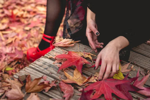 黒と赤のドレスと赤のプラットフォームの靴と若いとスキニーゴス女の子で座っています木のプラットフォームで秋の森の中で保持赤 オレンジと黄色の乾燥葉と顔なし — ストック写真