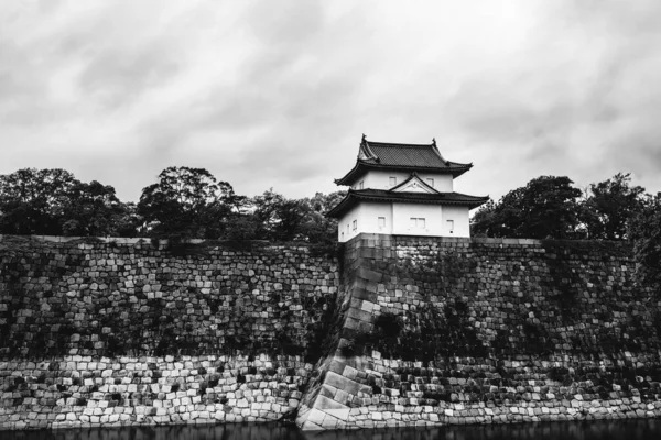 Tradizionale Torre Muro Buca Alberi Castello Osaka Bianco Nero — Foto Stock