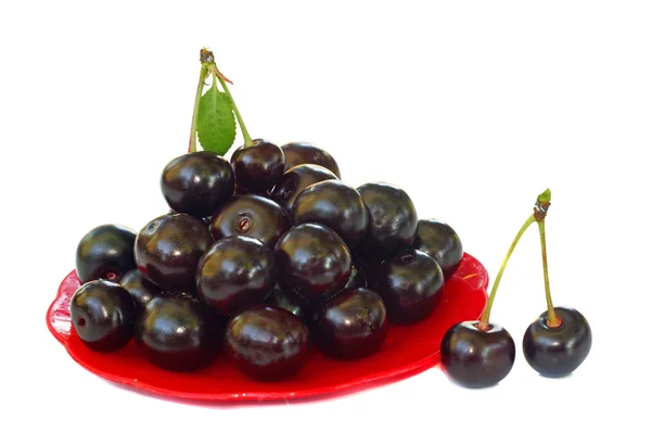Cerejas maduras em uma pequena travessa vermelha — Fotografia de Stock