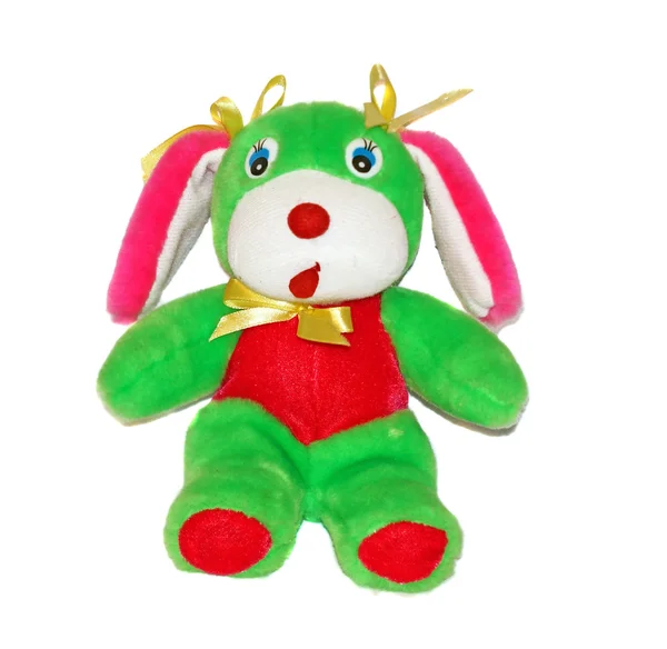 Bright green baby soft toy with pink ears — Stock Photo, Image